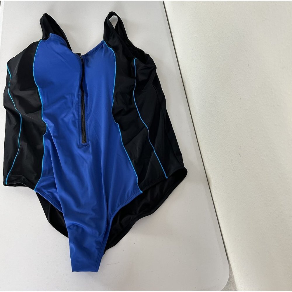 Swimsuits For All Womens Size 32 Blue Black Zip Front One Piece Beach